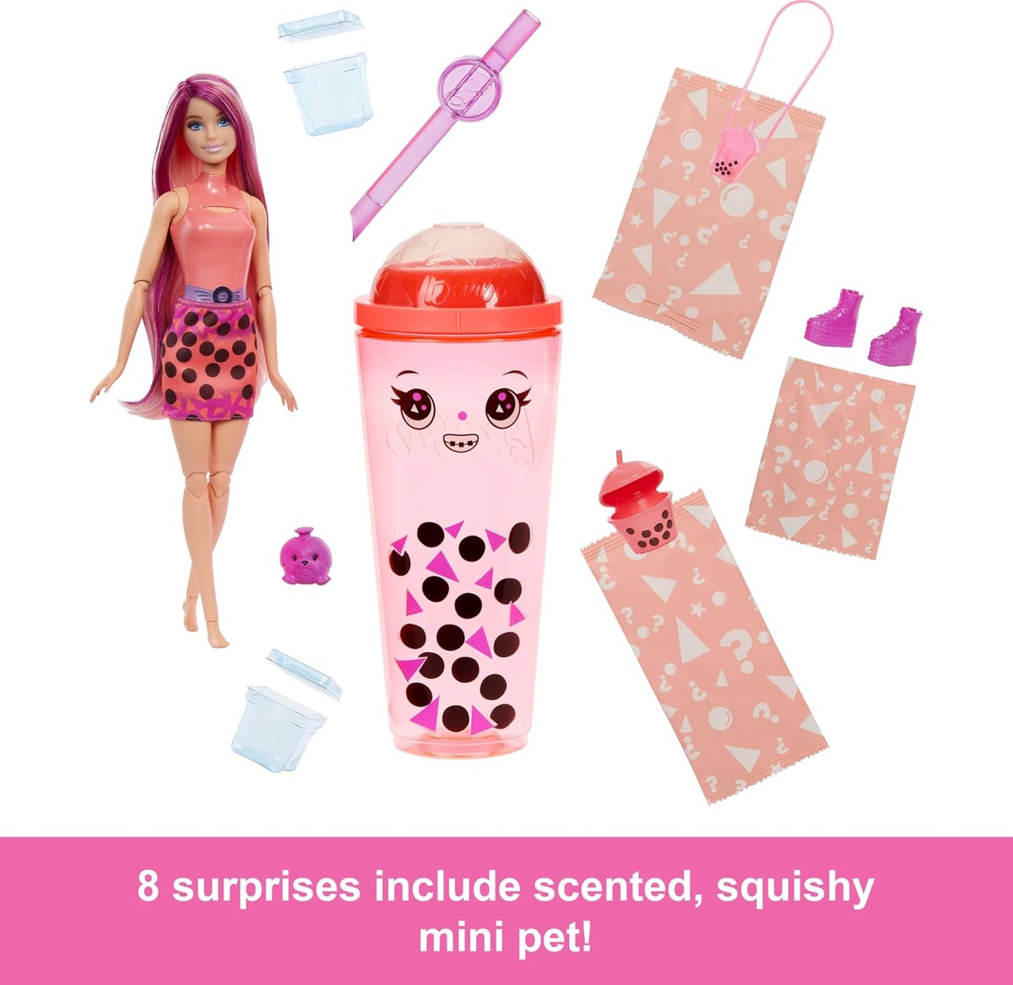 Barbie  Boneca Pop Reveal Bubble Tea Series e acessórios com boneca fashion e animal de estimação, 8 surpresas incluem mudança de cor, copo com armazenamento (os estilos podem variar), HTJ22