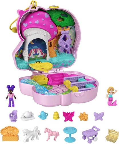 Polly Pocket World Owlnite Campsite compacto com revelações divertidas, bonecas Micro Polly e Shani e conjunto compacto com tema de festa de chá Unicorn Forest com buzina brilhante, 2 micro bonecas e 13 acessórios