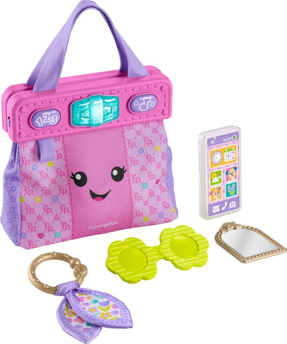 Fisher-Price Brinquedo para bebês e crianças da, rir e aprender, ir a lugares, bolsa de aprendizagem, bolsa interativa e 4 acessórios para maiores de 6 meses