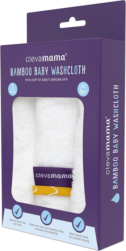 ClevaMama Toalha de rosto de bambu para bebês, ultramacia e absorvente, feita de bambu e algodão, conjunto (3 unidades) - branco e mostarda