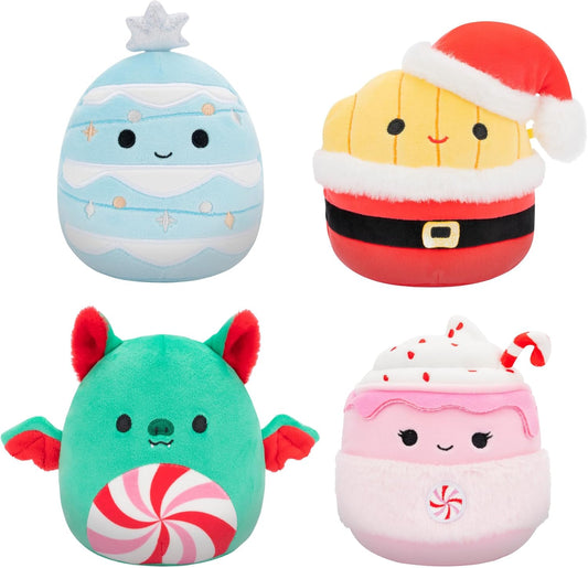 Squishmallows Original 5-Inch Holiday 4-Pack - Ethel Hot Chocolate, Floyd French Fries, Keiko Blue Christmas Tree, Ricardo Peppermint Bat - Official Jazwares Plush