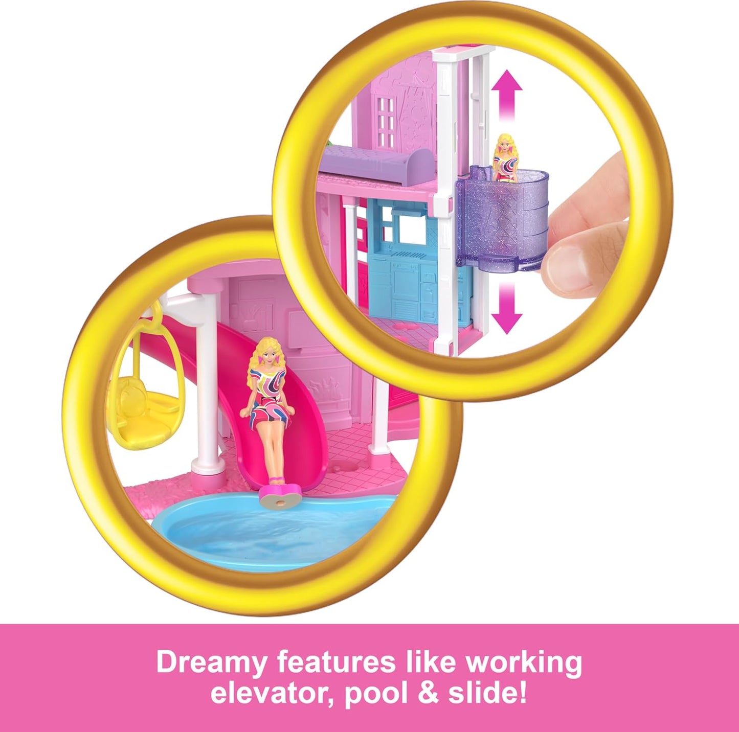 Barbie Mini BarbieLand Doll House Sets, Mini Dreamhouse com surpresa Boneca Barbie de 1,5 polegadas, Móveis e acessórios, Mais elevador e piscina, 4 anos ou mais, HYF45