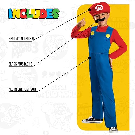 DISGUISE Disfraz oficial clásico de Nintendo Super Mario para niños, incluye sombrero de Mario, disfraz de Mario, disfraces para niños, Halloween, cumpleaños, Día Mundial del Libro para niños