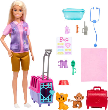 Barbie  Boneca e acessórios Careers, conjunto de resgate e recuperação de animais com boneca loira, bonecos de macaco e tigre, transportadora e muito mais, HRG50