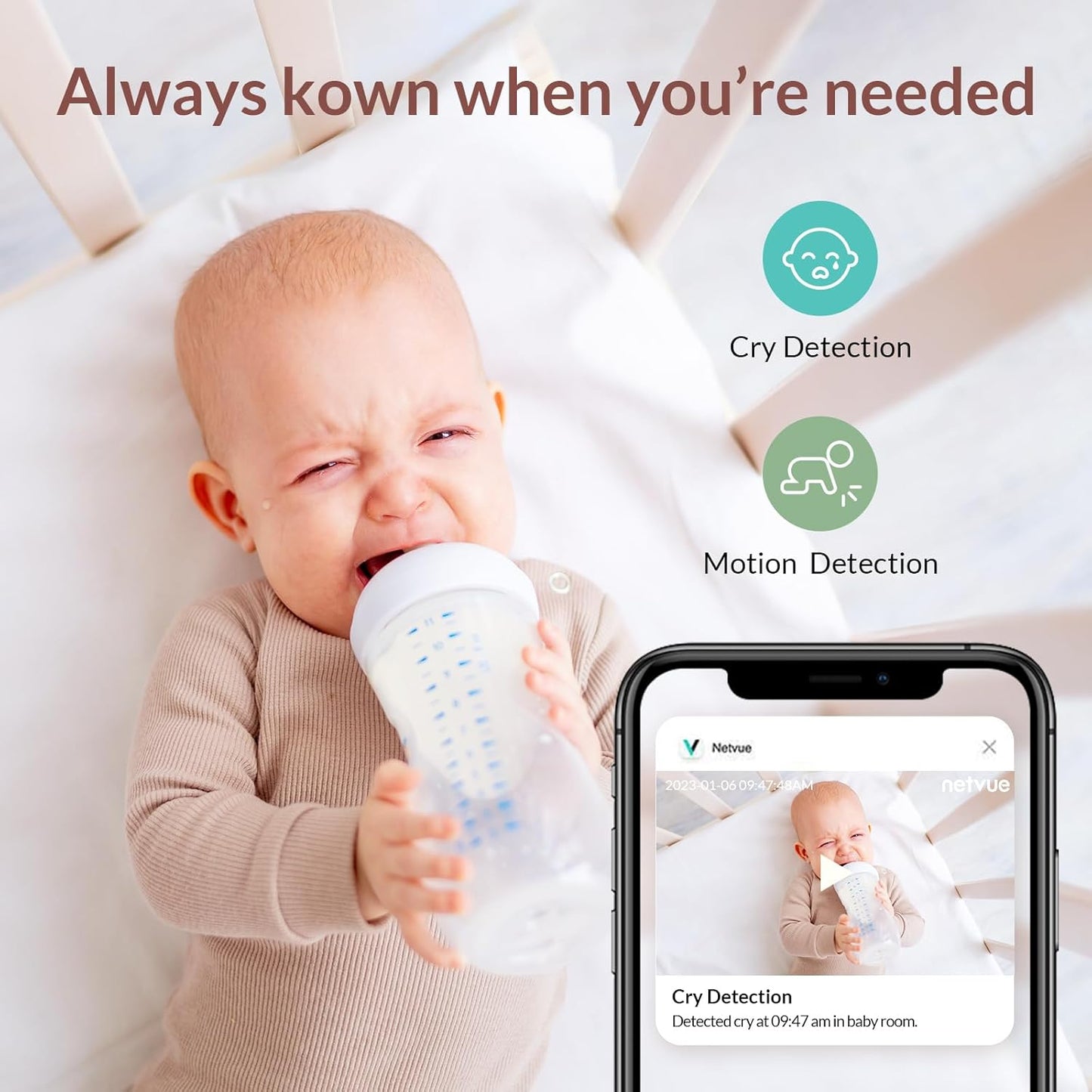 NETVUE Peekababy Monitor de Bebê com câmera e visão noturna, babá eletrônica inteligente com câmera e áudio