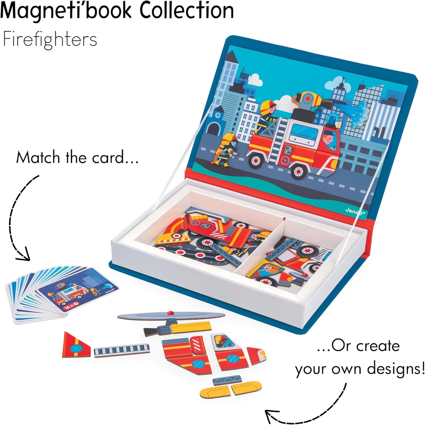 Janod - Magnéti'Book Firefighters - Jogo educativo de 60 ímãs com 18 cartas modelo - Brinquedo infantil de papelão FSC - Desenvolve destreza e criatividade - 3 anos +