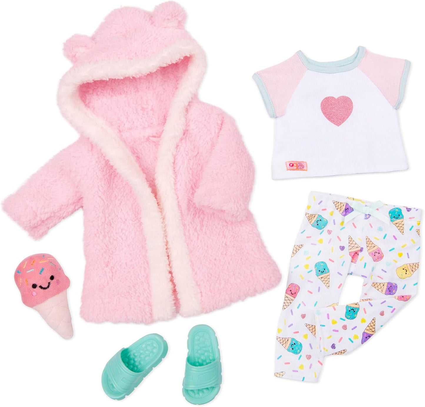 Our Generation Roupa de sonhos de sorvete da – conjunto de pijama e roupão com brinquedo de pelúcia de casquinha de sorvete – conjunto de roupas de 5 peças