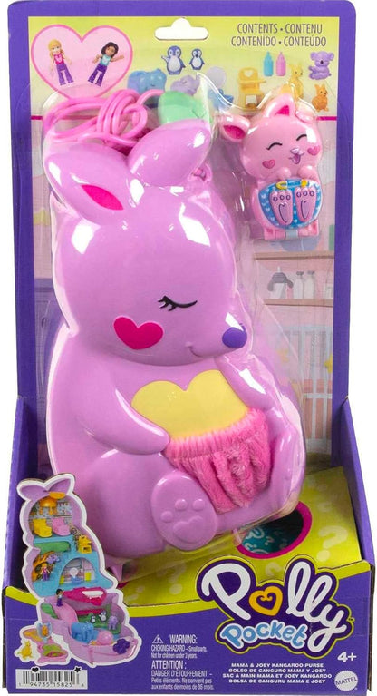 Polly Pocket Conjunto de brinquedo de viagem 2 em 1, brinquedo animal com 2 bonecas e acessórios, bolsa canguru Mama & Joey grande compacto