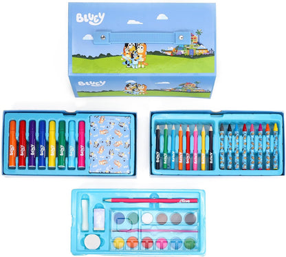 Bluey Conjunto de artigos de papelaria para colorir para crianças com 52 peças, canetas hidrográficas, giz de cera e lápis, conjunto de viagem para crianças