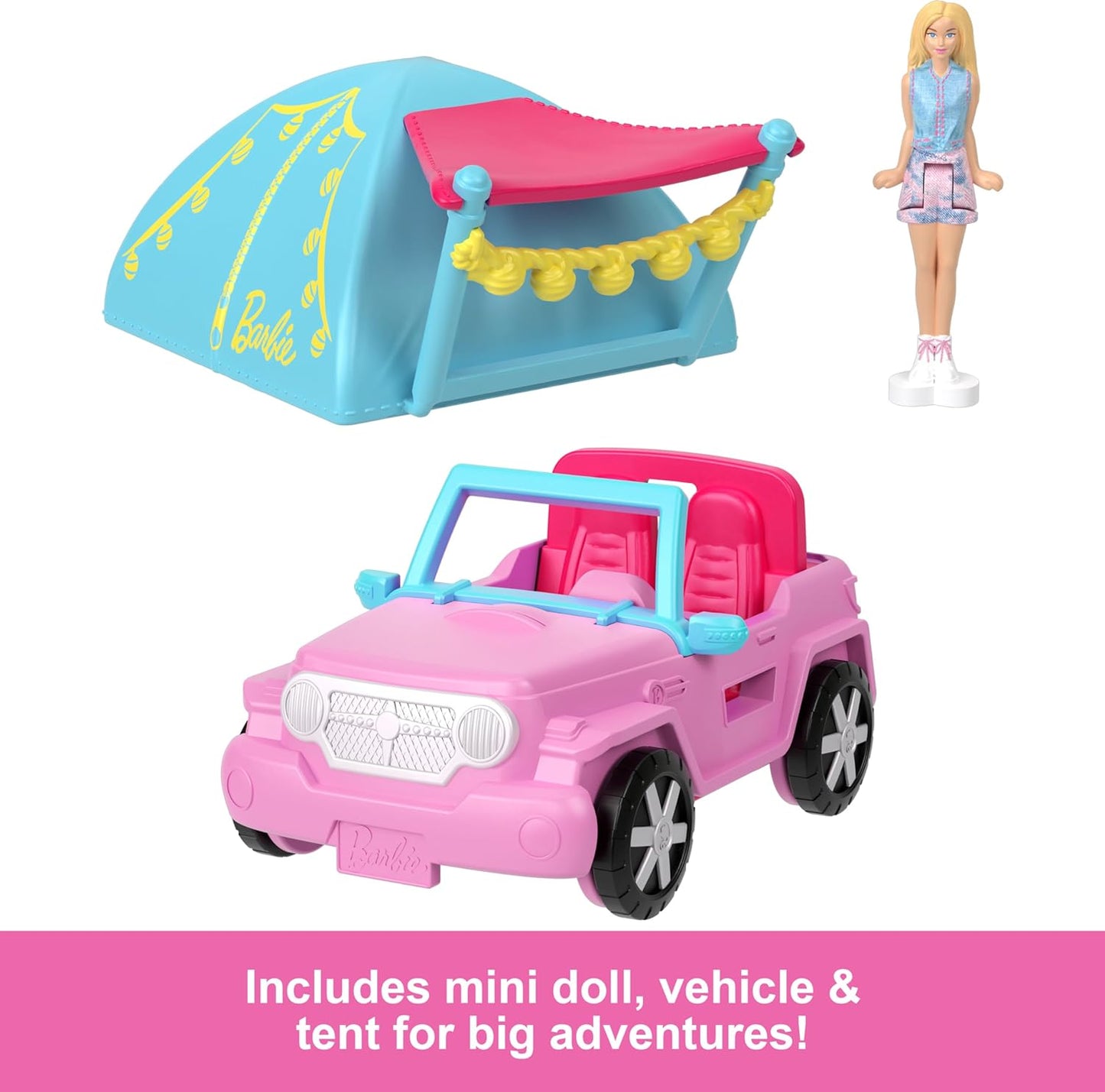 Barbie Mini BarbieLand Boneca e Conjunto de Veículo de Brinquedo com Boneca Barbie de 1,5 polegadas, SUV que muda de cor e Acessório de Tenda, HYF43