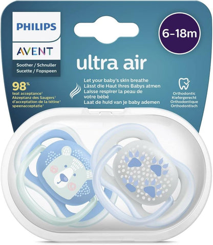 Philips Avent Chupeta Ultra Air SCF085/03 Proteção leve projetada para fornecer fluxo de ar com grandes orifícios para manter a pele do seu bebê seca