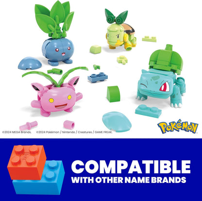 MEGA Brinquedos de construção de bonecos de ação Pokémon, equipe de treinador iniciante com 191 peças, 8 personagens, incluindo Pikachu Charmander Squirtle, para crianças, HTJ75