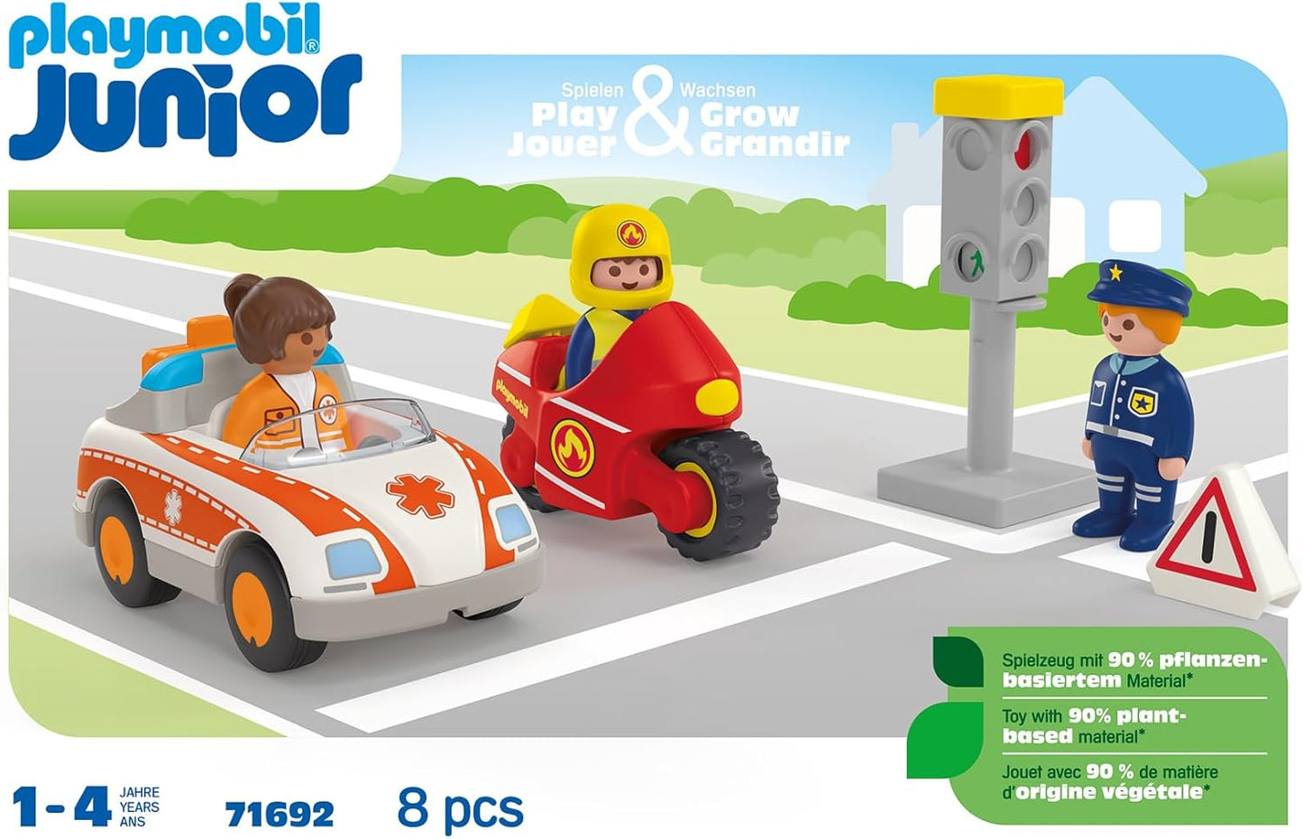 PLAYMOBIL 71692 JUNIOR: Everyday Heroes, including woman doctor, firefighter, and police officer, sustainable toy made from plant-based plastics, gifting toy