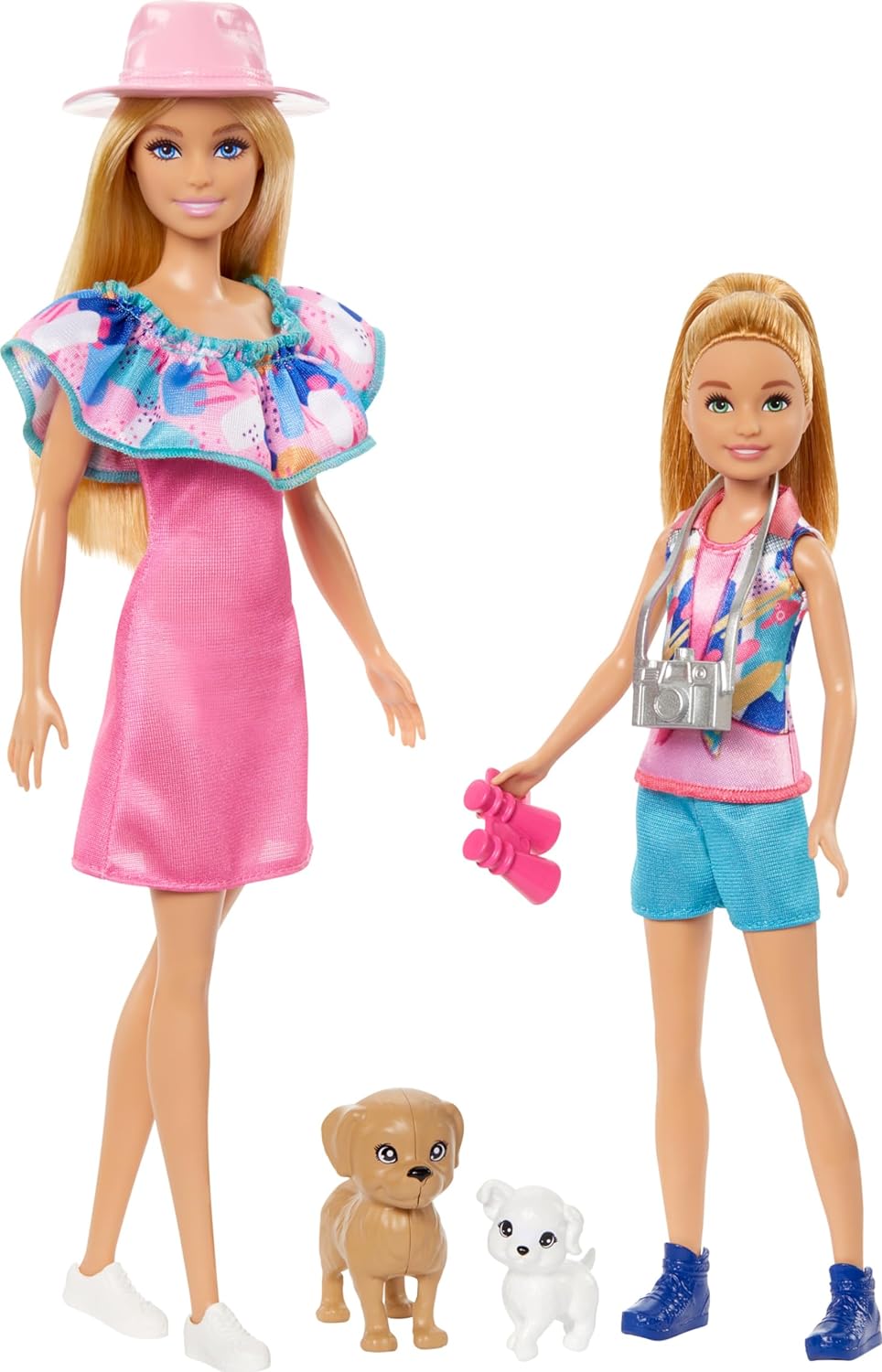 Barbie & Stacie Conjunto de bonecas com 2 cães de estimação e acessórios, bonecas com cabelos loiros e olhos azuis, roupas de verão, HRM09