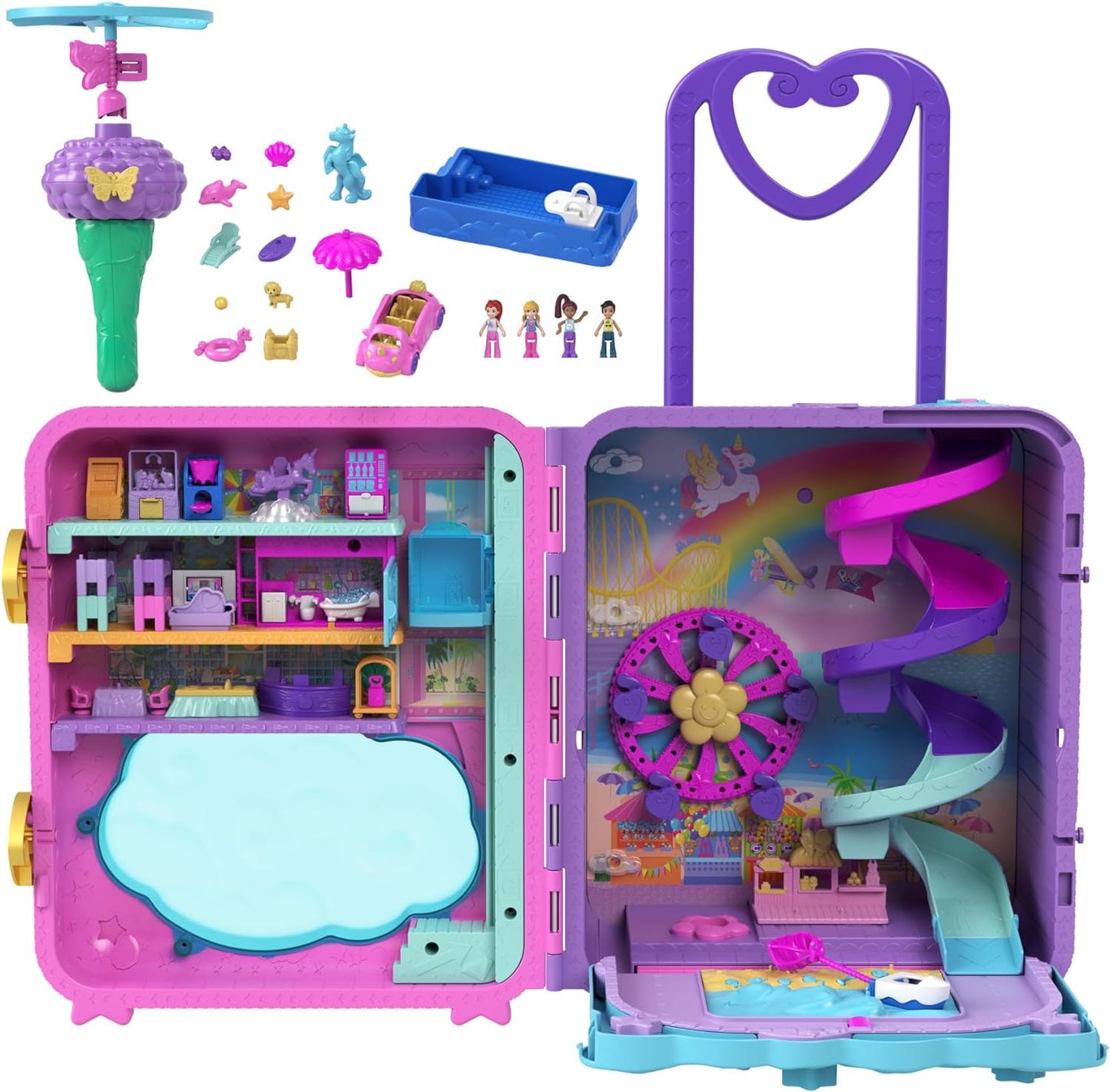 Polly Pocket Pollyville, conjunto de brinquedos Resort Roll Away com rodas giratórias, 5 áreas de lazer, 4 bonecas Polly Pocket, 1 veículo Polly Pocket, 30 acessórios de brinquedo, brinquedos para maiores de 4 anos, HKV43