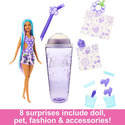 Barbie Boneca Pop Reveal Fruit Series, tema Grape Fizz com 8 surpresas, incluindo animais de estimação e acessórios, lodo, perfume e mudança de cor, HNW44