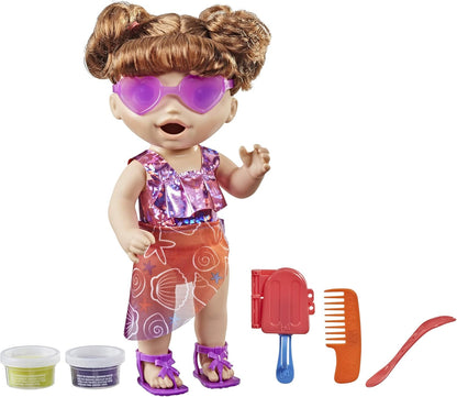 Muñeca Baby Alive Sunshine Snacks, come y caca, muñeca de agua con temática de verano, molde para paletas, juguete para niños a partir de 3 años, cabello castaño