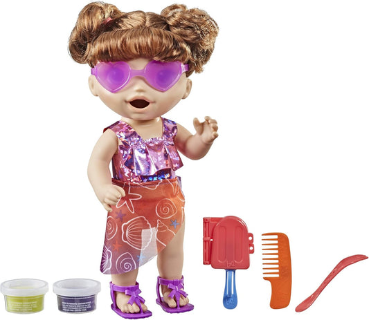 Boneca Baby Alive Sunshine Snacks, come e faz cocô, boneca aquática com tema de verão, molde para picolé, brinquedo para crianças de 3 anos ou mais, cabelo castanho