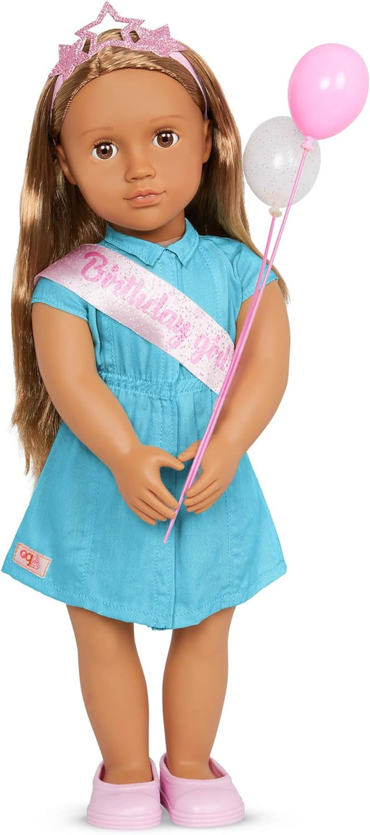 Muñeca Anita Girl de Nuestra Generación de 18 pulgadas, muñeca temática de fiesta de cumpleaños con globos y tiara, incluye juego de ropa y accesorios de 7 piezas