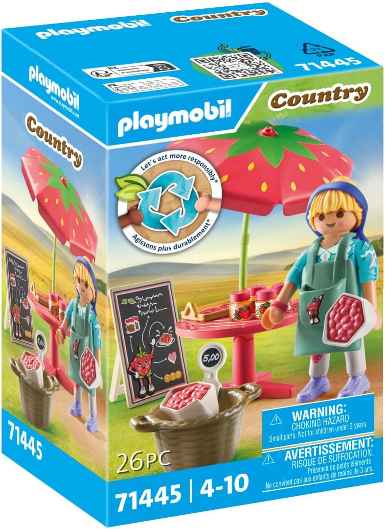 Playmobil 71445 País: barraca de geléia de morango caseira, brinquedo educativo, dramatização divertida e imaginativa, conjuntos de jogos adequados para crianças de 4 anos ou mais