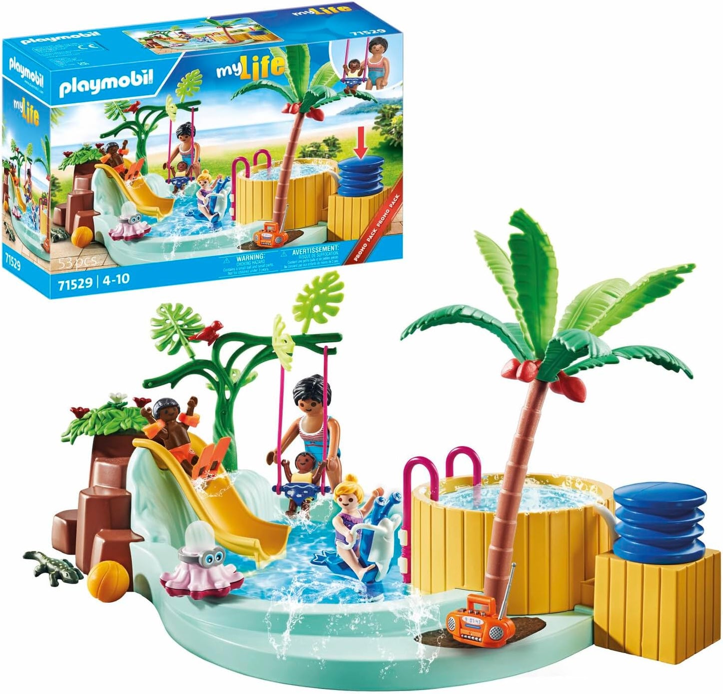 PLAYMOBIL Pacote promocional 71529 myLife: Piscina infantil com banheira de hidromassagem, diversão aquática na piscina infantil, incluindo escorregador de ondas, balanço de mola e balanço para bebês