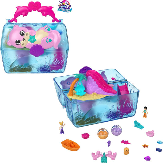 Polly Pocket Sparkle Cove Adventure Playset e 2 micro bonecas, maleta de transporte do baú do tesouro da ilha, 4 animais e acessórios, HPV40