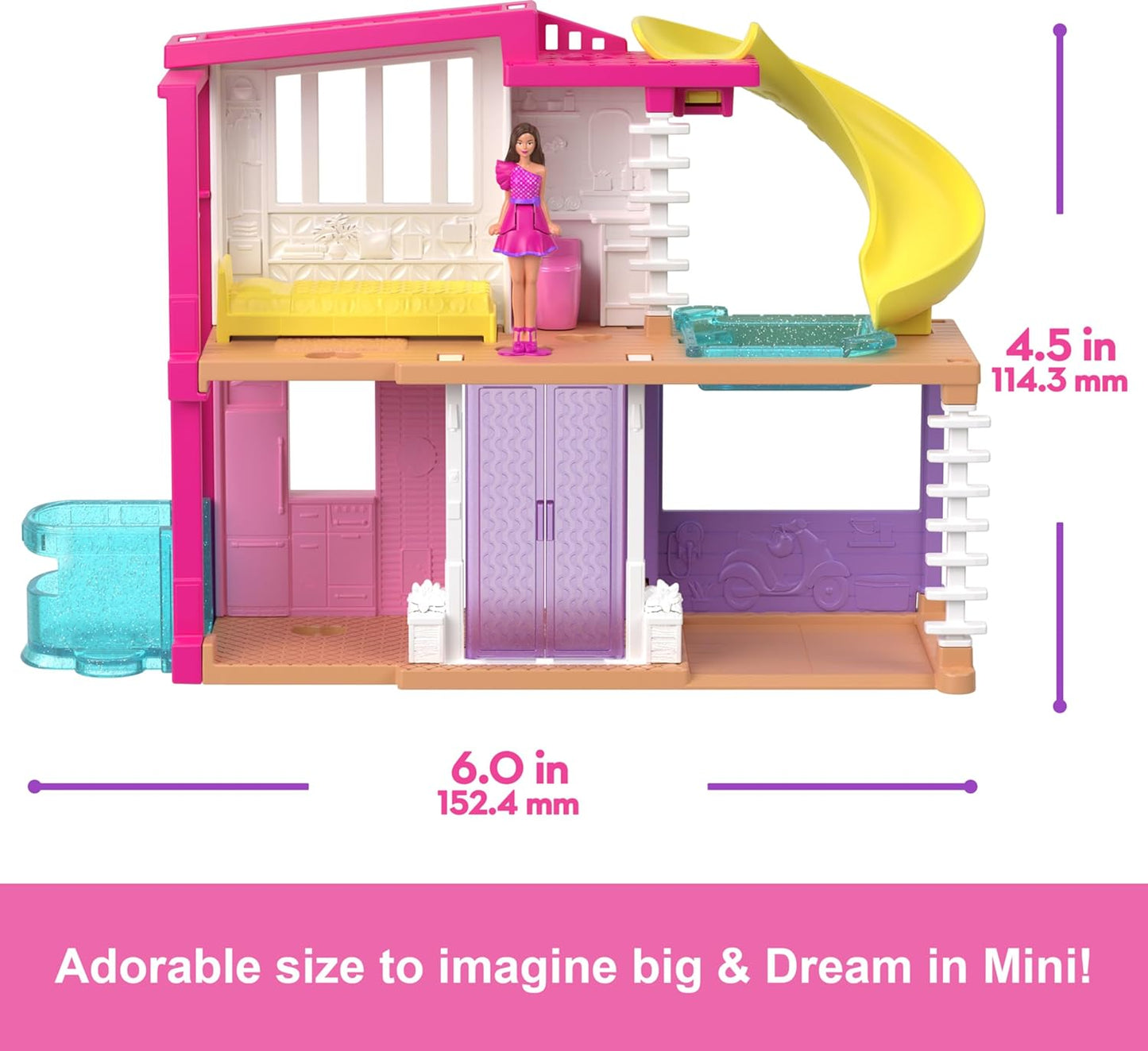 Barbie Mini BarbieLand Doll House Sets, Mini Dreamhouse com surpresa Boneca Barbie de 1,5 polegadas, Móveis e acessórios, Mais elevador e piscina, 4 anos ou mais, HYF47