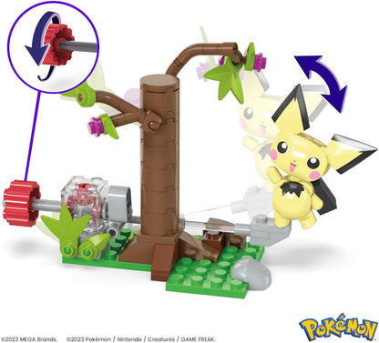 Mega Conjunto de brinquedos de construção de bonecos de ação Pokémon, Pichu's Forest Forage com 84 peças, movimento e 1 personagem articulado e montável, HPB59