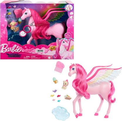 Barbie Um Toque de Mágica Pégaso, Pégaso Rosa com Cabelo Rosa e Asas de Arco-Íris, Luzes e Sons, Cachorrinho de Brinquedo, 10 Acessórios de Brinquedo, Brinquedos para Idades de 3 e Acima, Uma Barbie Pégaso, HLC41