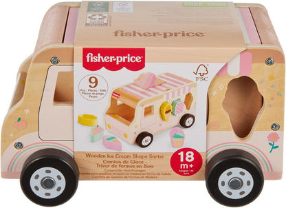 Fisher-Price Conjunto de brinquedos de classificação em forma de criança caminhão de sorvete de madeira, 8 peças de madeira para brincadeiras de desenvolvimento, maiores de 18 meses