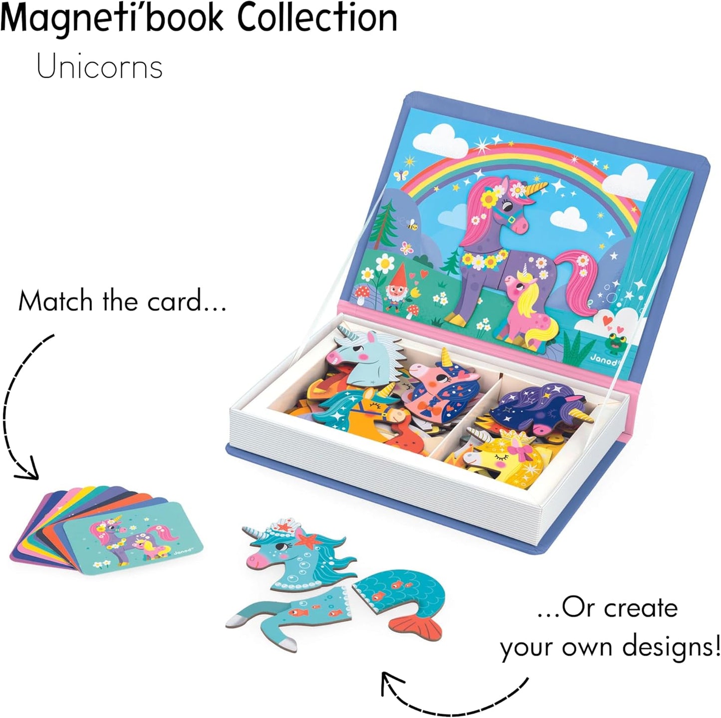 Janod - Magnéti'Book Unicorns - Jogo educativo de 44 ímãs com 10 cartas modelo - Brinquedo infantil de papelão FSC - Desenvolve Destreza e Imaginação - 3 anos +