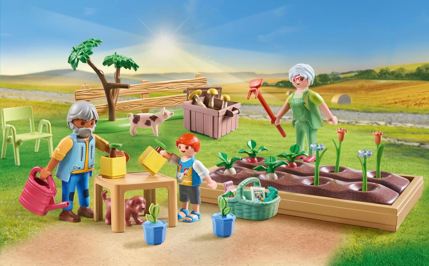 Playmobil  71443 País: Horta com os avós, incluindo canteiro de flores, regador e ferramentas de jardim, encenação divertida e imaginativa, conjuntos de jogos sustentáveis adequados para crianças com mais de 4 anos