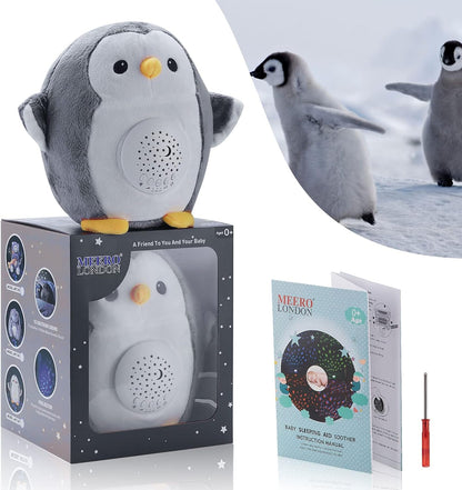 Meero London Máquina de ruído branco Penguin AKT13P, projetor de luz noturna, chupeta de pelúcia para bebê com projetor de estrelas noturnas com 15 canções de ninar musicais - pacote de presente - unissex