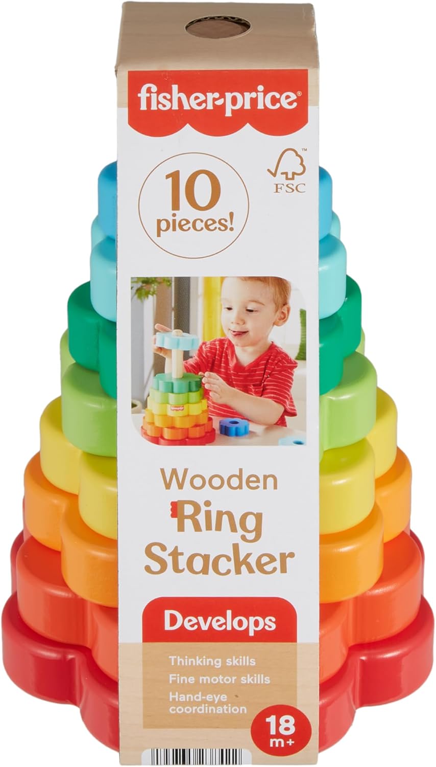 Fisher-Price Toddler Toy Wooden Ring Stacker, 10 Wood Pieces for Stacking Play for Kids Ages 18+ Months,