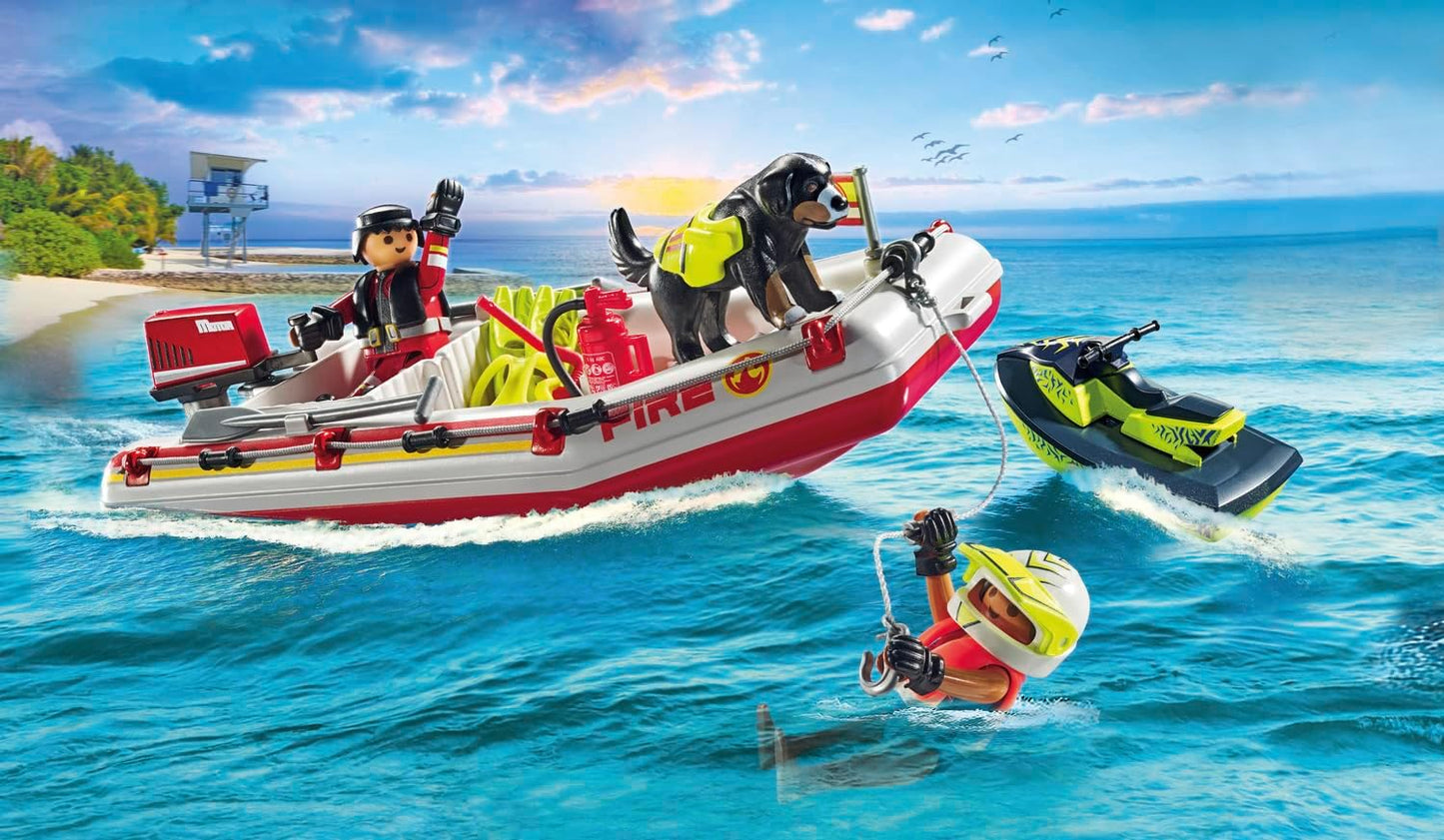 Playmobil 71464 Action Heroes: Fireboat com Aqua Scooter, emocionante resgate na água, incluindo óculos de mergulho e nadadeiras, dramatização divertida e imaginativa, conjuntos de jogos realistas adequados para crianças de 4 anos ou mais