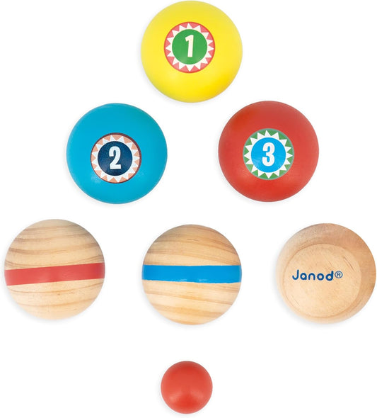 Janod - Applepop Juego de bochas para niños, juego de habilidad - 6 bolas de petanca + 1 jota + 1 bolsa - Juego infantil al aire libre - Juguete de madera FSC - A partir de 3 años,