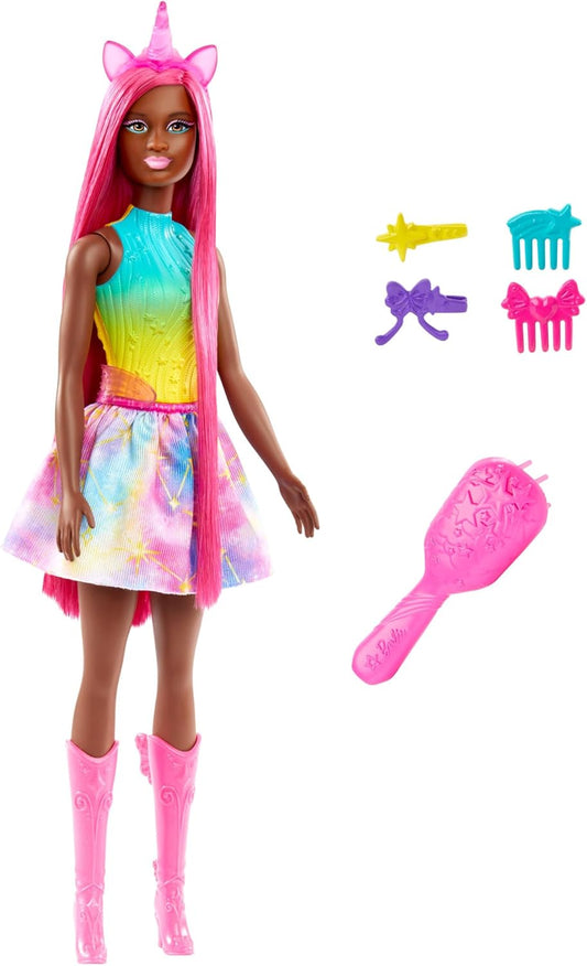 Barbie Boneca unicórnio com cabelo de fantasia magenta de 7 polegadas de comprimento e acessórios coloridos para brincadeiras de estilo, faixa de cabeça e cauda de unicórnio, HRR01