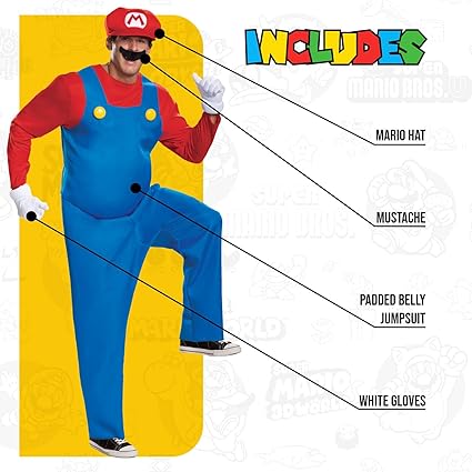 DISGUISE Fantasia oficial de Super Mario Nintendo Deluxe para adulto inclui chapéu e luvas de Mario, fantasia de Halloween para adultos, roupa extravagante para homens