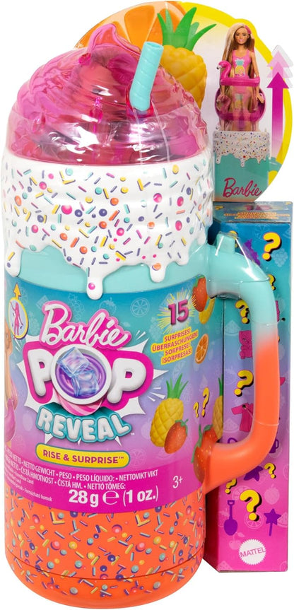 Barbie Pop Reveal Muñeca y accesorios, Rise &amp; Surprise Fruit Series Set de regalo con muñeca perfumada, mascota perfumada suave, cambio de color, arena moldeable y más, más de 15 sorpresas, HRK57