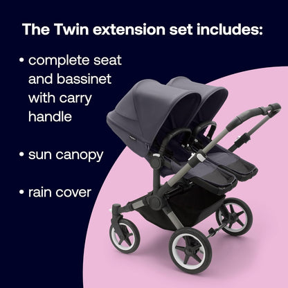 Conjunto de extensão Twin Bugaboo Donkey 5, converte seu Donkey 5 Mono em um carrinho duplo, lado a lado, design aprimorado, assento reversível e direção com uma mão, Stormy Blue