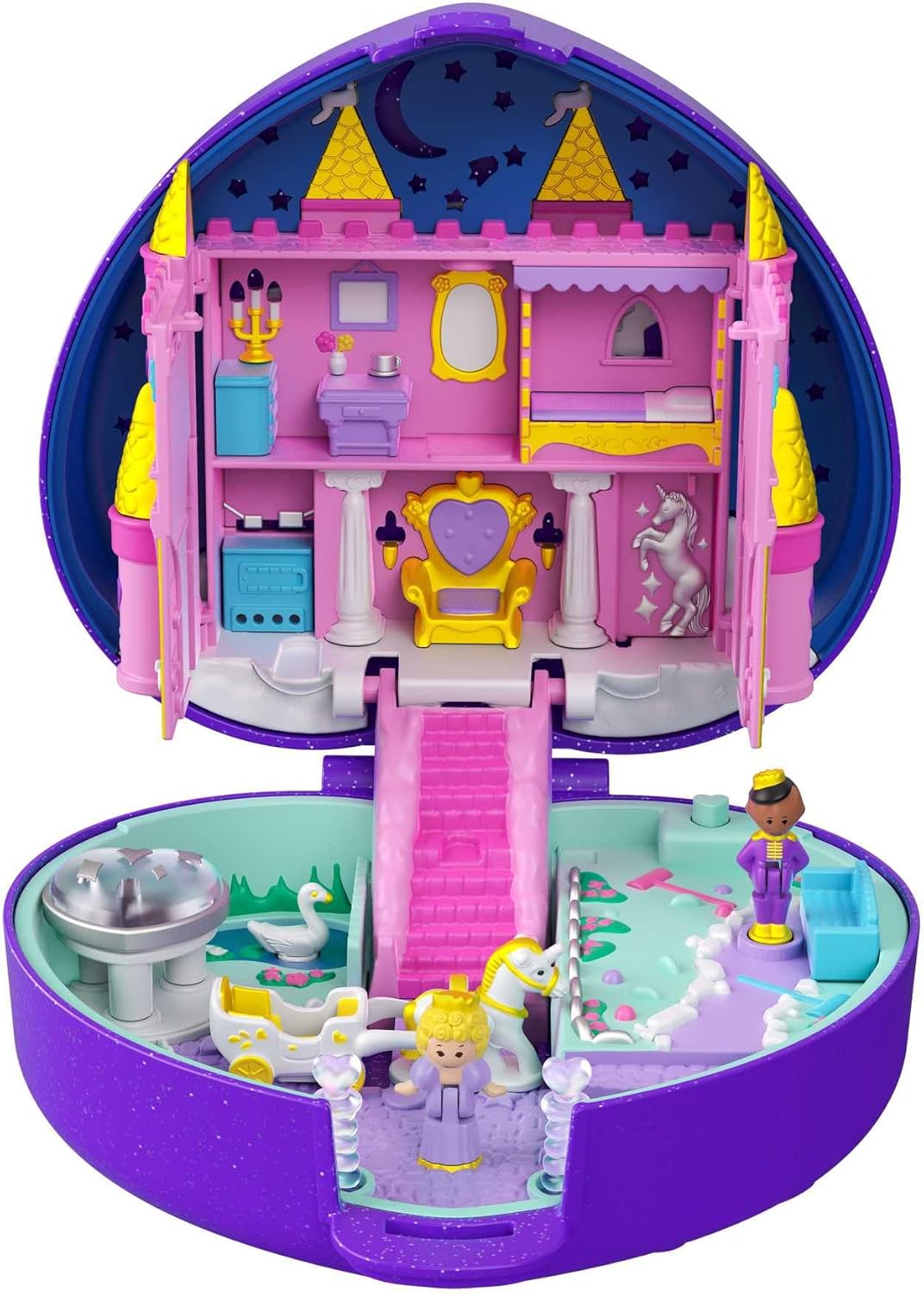 Polly Pocket Keepsake Collection Starlight Castle Compact, tema de castelo encantado, caixa especial, bonecos Polly e Prince, carruagem, figuras de cisne e unicórnio, presente colecionável para fãs de Polly