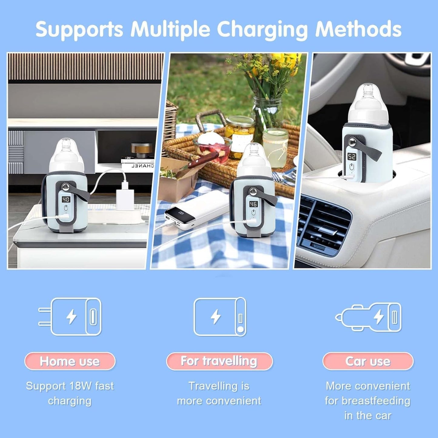 Saco portátil do aquecedor de garrafa do bebê, aquecedor de garrafa usb, capa ajustável do aquecedor de garrafa de 5 engrenagens com display lcd para leite e alimentos