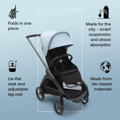 Bugaboo Carrinho de bebê Dragonfly City, carrinho de bebê leve e compacto com dobra fácil com uma mão em qualquer posição, suspensão total, cesta XL sob o assento, chassi de grafite e capota solar Skyline Blue