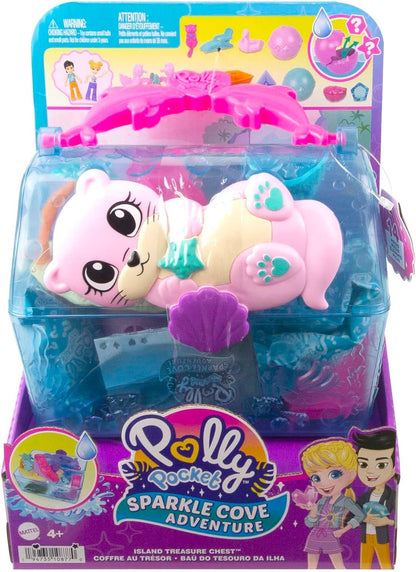 Polly Pocket Sparkle Cove Adventure Playset e 2 micro bonecas, maleta de transporte do baú do tesouro da ilha, 4 animais e acessórios, HPV40