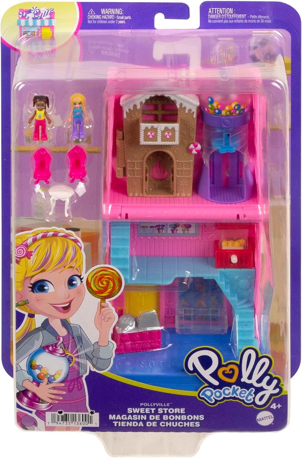 Polly Pocket Bonecas e playset Pollyville Sweet Store, mini brinquedos com 2 micro bonecas e 3 acessórios, HNB03