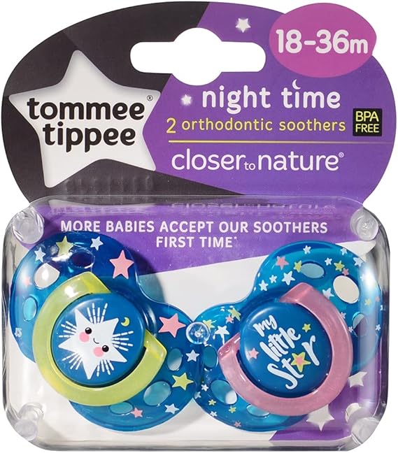 Tommee Tippee 18-36 meses mais perto da natureza Night Time 2 chupetas ortodônticas, modelo sortido sem BPA de silicone branco