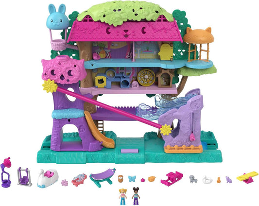 Polly Pocket Casa de boneca com 2 micro bonecas e acessórios, carro de brinquedo, funriture e 4 animais de estimação, casa de aventura expansível para animais de estimação, HHJ06