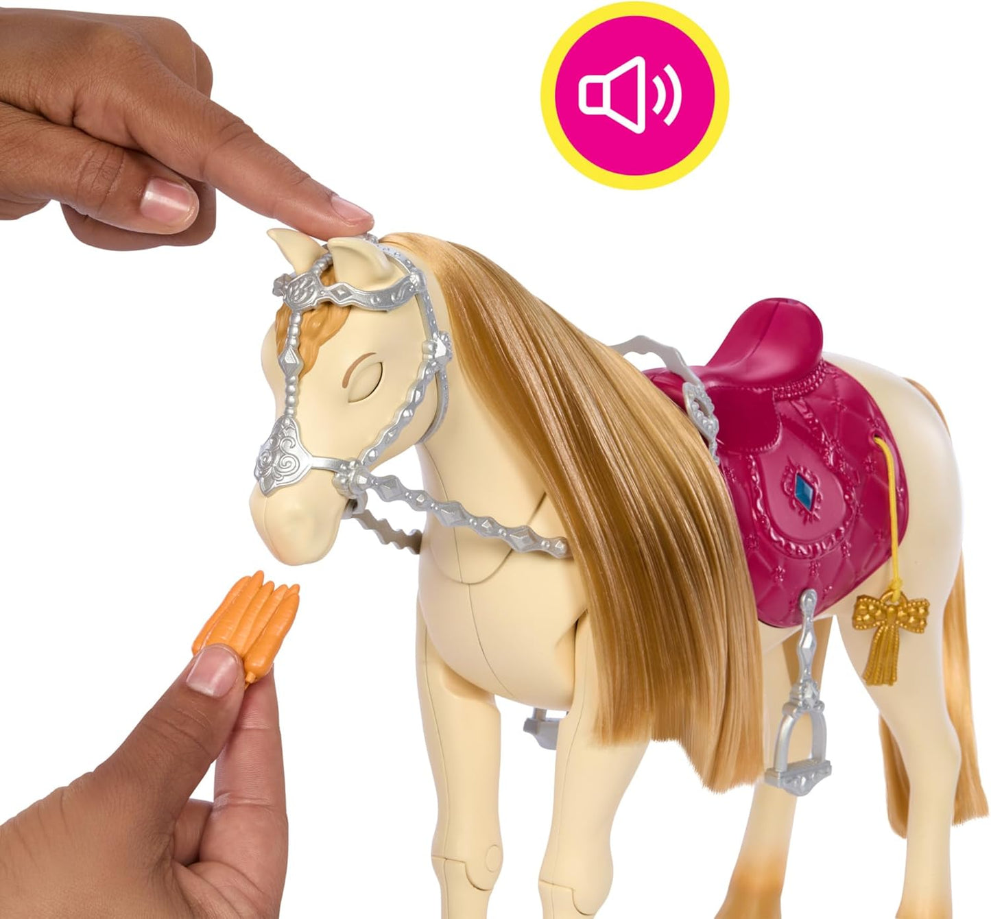 Barbie Cavalo de brinquedo com sons, música e acessórios, inspirado em Barbie The Great Horse Chase, cavalo se move, dança e pisca os olhos, HXJ42