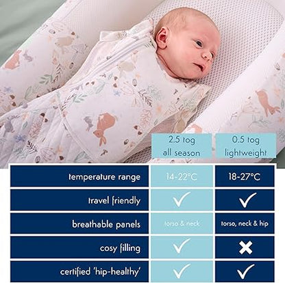 PurFlo Swaddle para saco de dormir | Saco de dormir respirável para recém-nascidos que cresce com seu bebê | Swaddle Braços para dentro ou para fora | Quadril saudável | 0-4 meses | Saco de dormir 2,5 tog para todas as estações