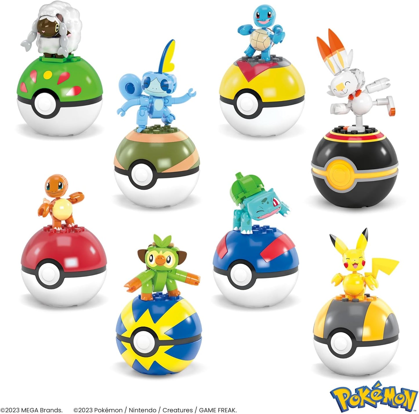 MEGA Brinquedos de construção de bonecos de ação Pokémon, equipe de treinador iniciante com 191 peças, 8 personagens, incluindo Pikachu Charmander Squirtle, para crianças, HTJ75